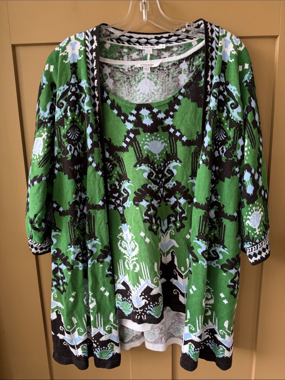 Chico's L Green Black Light Blue Patterned Cardigan & Shell Top Set Linen Blend